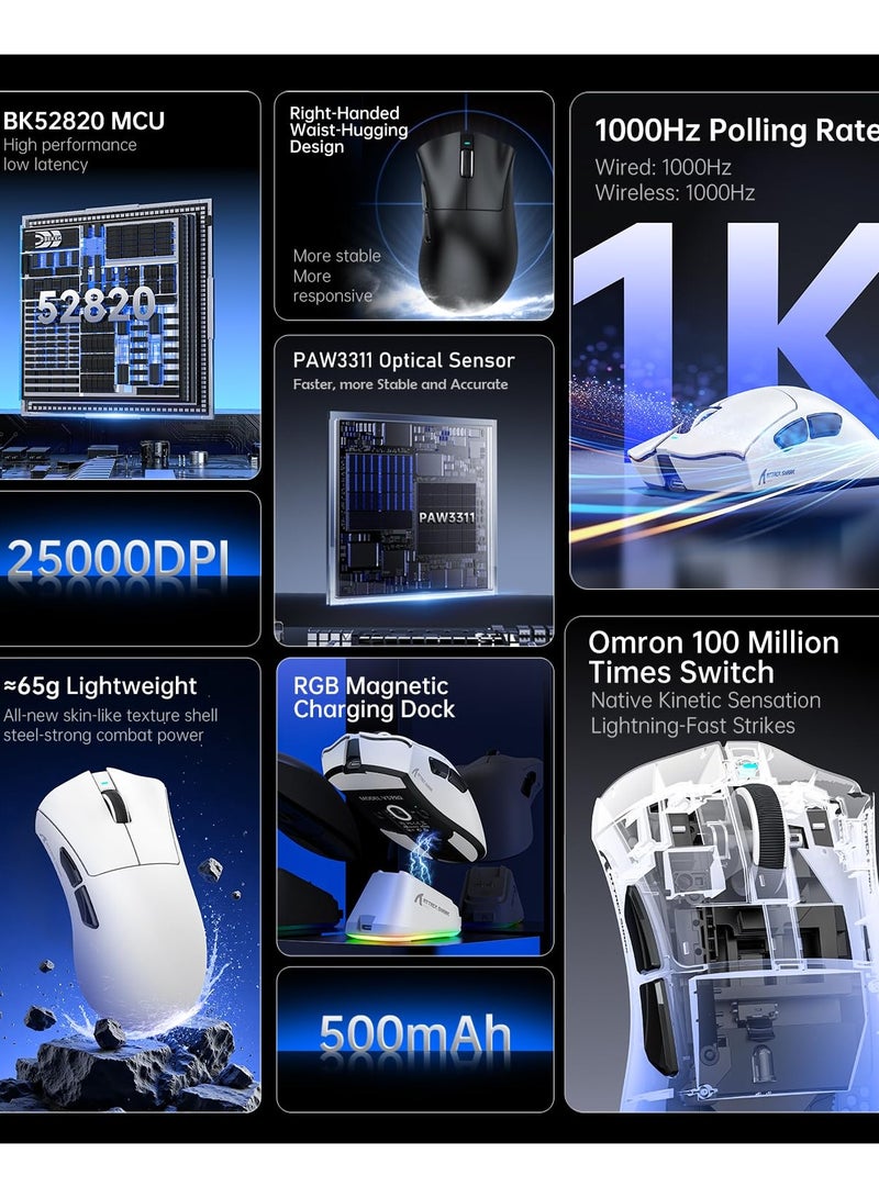 هجوم القرش ماوس ألعاب لاسلكي V3PRO للألعاب الإلكترونية مع قاعدة شحن مغناطيسية: خفيف الوزن 62 جرامًا - 1 كيلو بايت من الاستطلاع - 25 كيلو بايت من نقطة لكل بوصة - مستشعر PAW3311، سلكي/بلوتوث/2.4 جيجا هرتز قابل للبرمجة، BK52820 IC لأجهزة الكمبيوتر المحمولة واللاعبين - Image 4