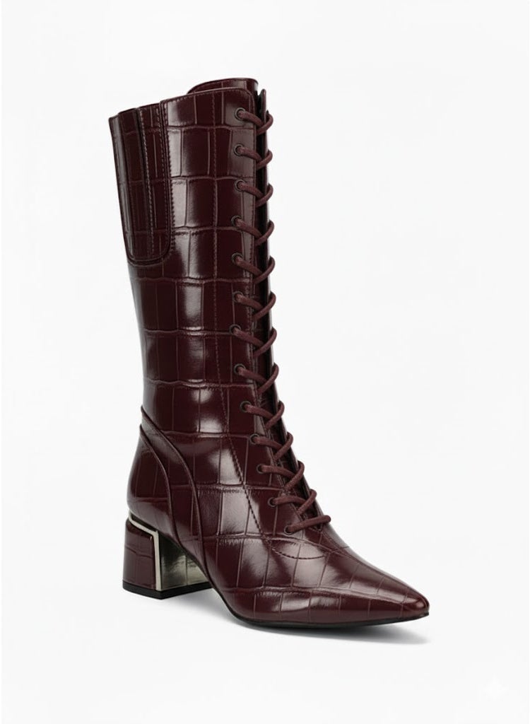 لايف ستيلاش  بوت طويل بكعب متوسط من الجلد برباط وسوسته LB-45 - نبيتي