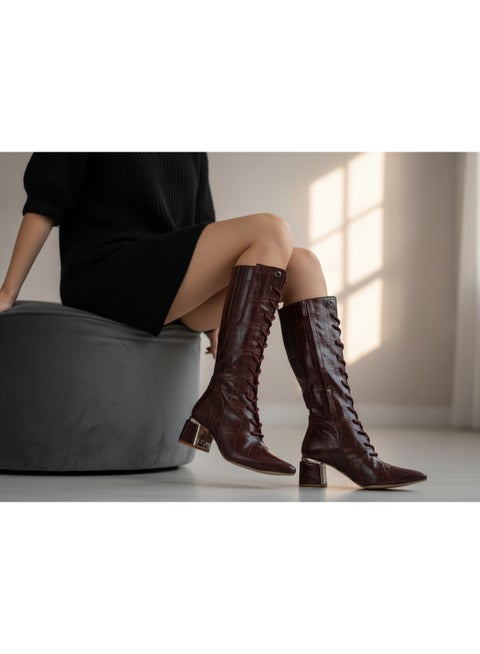 بوت طويل بكعب متوسط من الجلد برباط وسوسته LB-45 - نبيتي