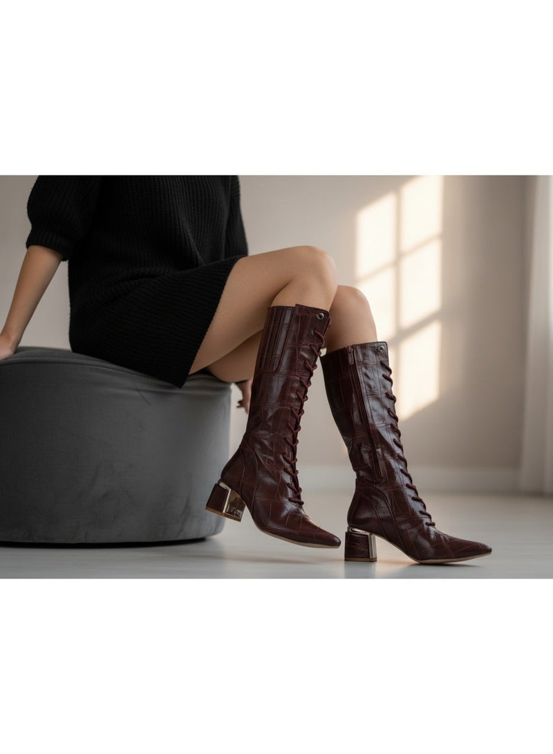 لايف ستيلاش  بوت طويل بكعب متوسط من الجلد برباط وسوسته LB-45 - نبيتي - Image 1