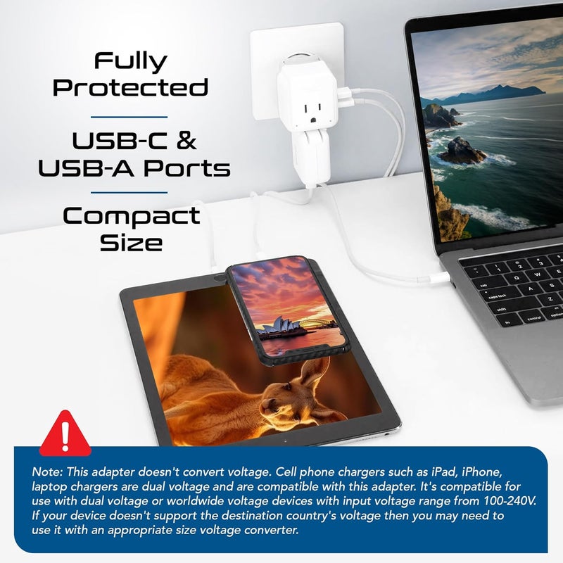 Ceptics Australian Travel Adapter Set, 20W PD & QC, Type I-3.1A - 4 in 1-2 USA Inputs, 1 USB Port, 1 USB-C Port - Australian New Zealand Fiji Argentina, Compact - Adapter Australia-Compatible Plug - Image 3