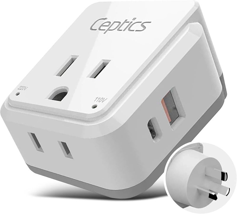 Ceptics Australian Travel Adapter Set, 20W PD & QC, Type I-3.1A - 4 in 1-2 USA Inputs, 1 USB Port, 1 USB-C Port - Australian New Zealand Fiji Argentina, Compact - Adapter Australia-Compatible Plug - Image 1