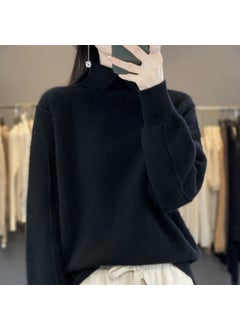 Generic 2023 Autumn/Winter New Lapel Pure Wool Sweater Womens Loose-Fit Solid Color Thickened Pullover Base Knitted Top Stylish Black  - Image 1
