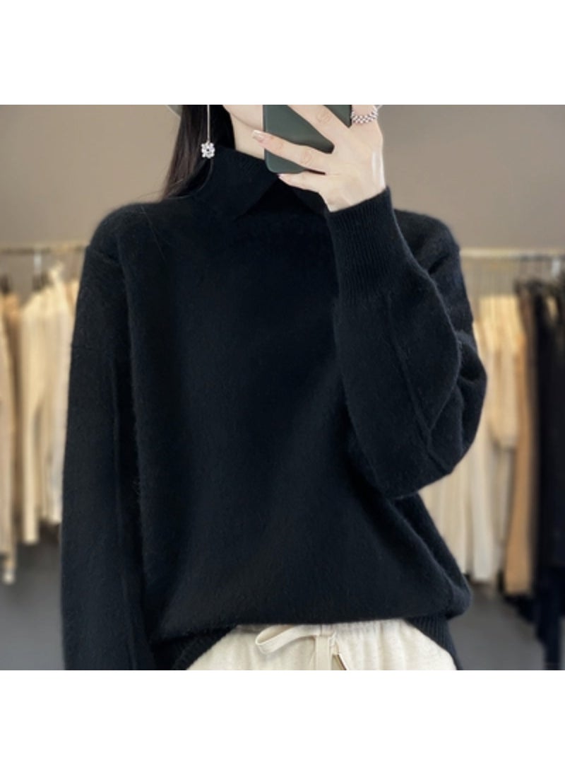 Generic - 2023 Autumn/Winter New Lapel Pure Wool Sweater Womens Loose-Fit Solid Color Thickened Pullover Base Knitted Top Stylish Black - Image 1