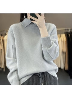 Generic 2023 Autumn/Winter New Lapel Pure Wool Sweater Womens Loose-Fit Solid Color Thickened Pullover Base Knitted Top Stylish Black  - Image 2