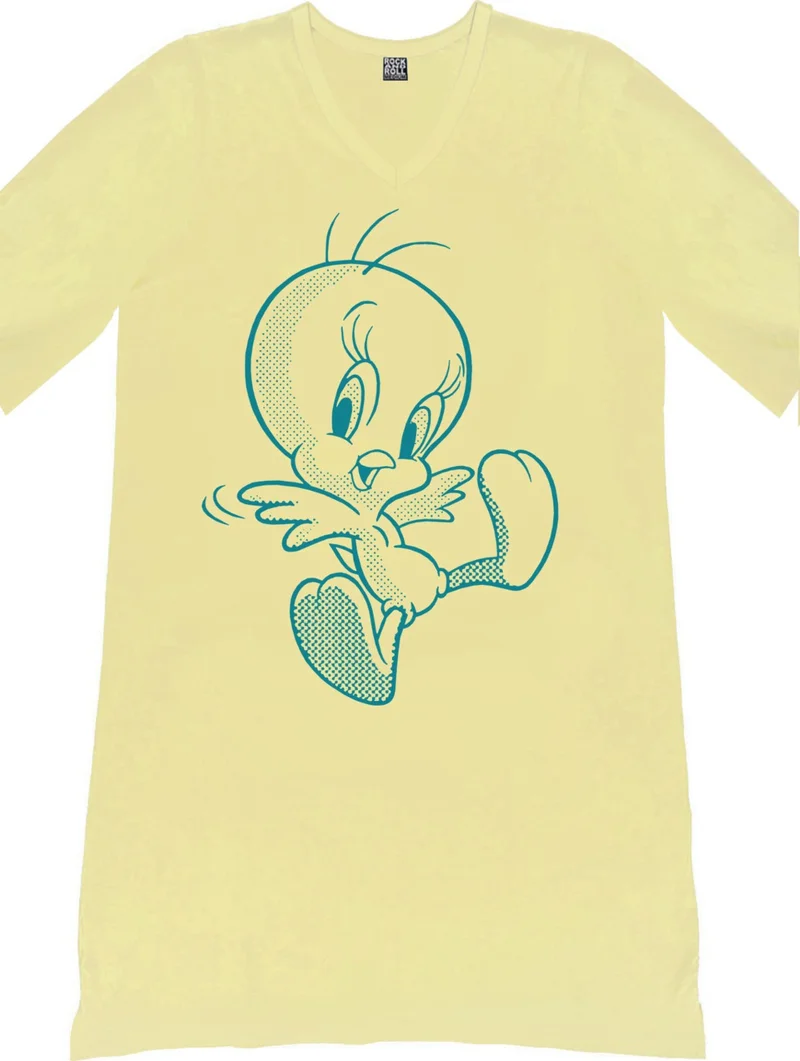 روك اند رول Cheerful Bird Light Yellow V Neck Half Sleeve Knee Length Comfortable Home Dress Nightgown