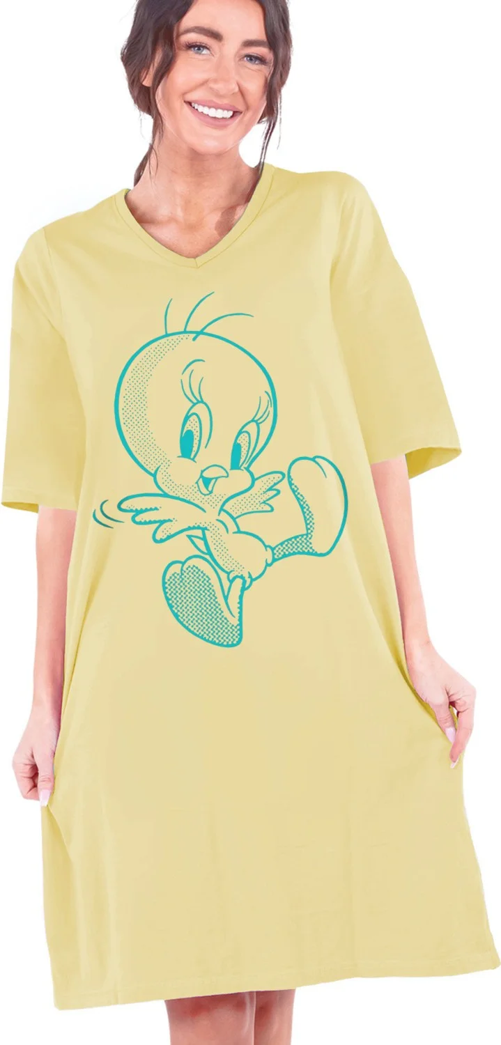 روك اند رول Cheerful Bird Light Yellow V Neck Half Sleeve Knee Length Comfortable Home Dress Nightgown