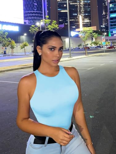LCNBA Women's Sexy High Neck Sleeveless Bodysuit Basic Top Bodysuit Jumpsuit skyblue M - Image 5