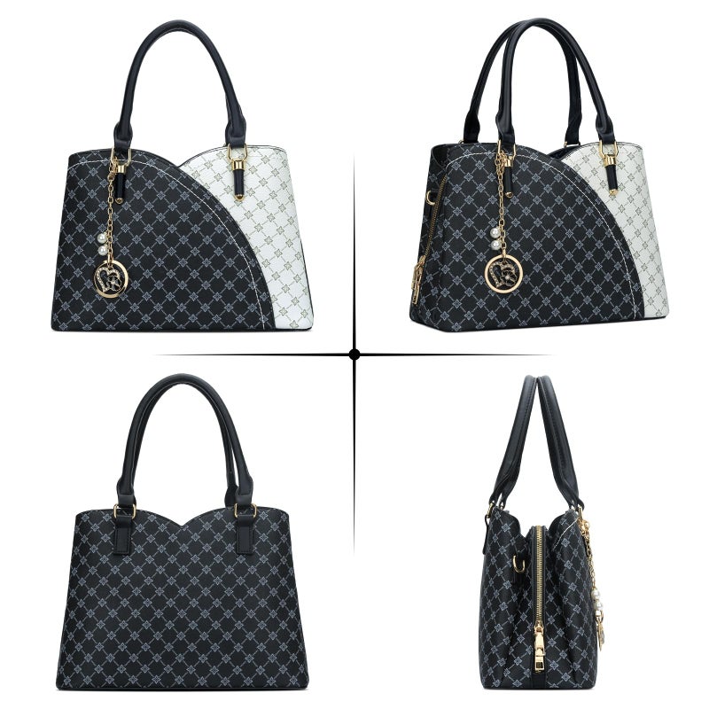 KKXIU Triple Compartments Purses and Handbags for Women Fashion Ladies Satchel Shoulder Top Handle Bag (Black(White) Flower) - Image 4