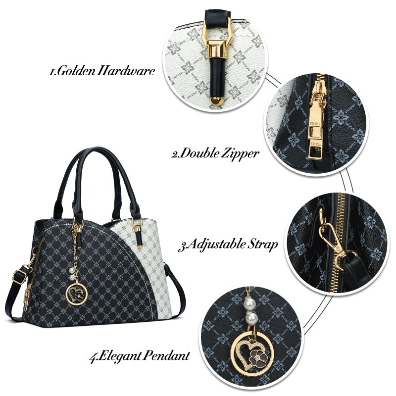 KKXIU Triple Compartments Purses and Handbags for Women Fashion Ladies Satchel Shoulder Top Handle Bag (Black(White) Flower) - Image 3