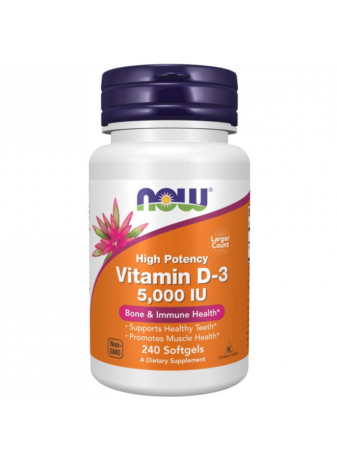 now NOW Supplements, Vitamin D-3 5,000 IU, High Potency, Structural Support, 240 Softgels  - Image 2