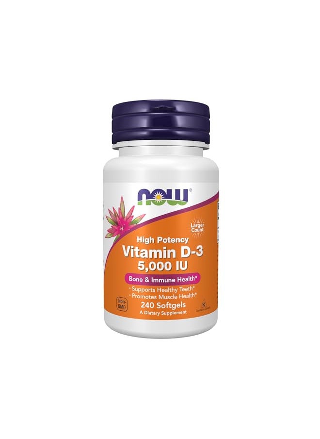 now NOW Supplements, Vitamin D-3 5,000 IU, High Potency, Structural Support, 240 Softgels  - Image 1