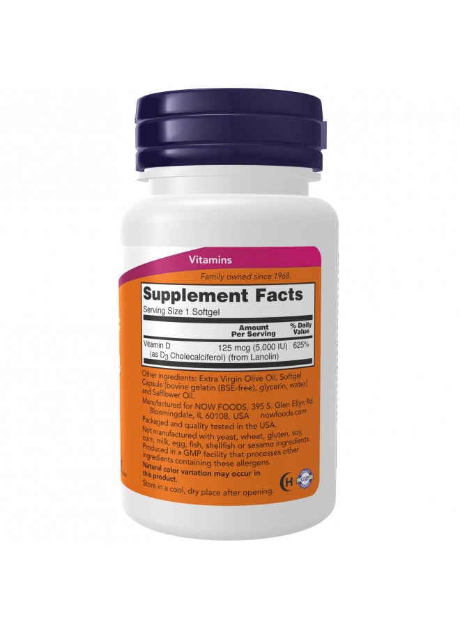 now NOW Supplements, Vitamin D-3 5,000 IU, High Potency, Structural Support, 240 Softgels  - Image 3