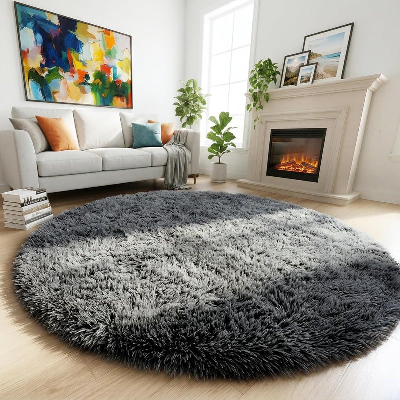 Amdrebio Gray Round Rug for Bedroom,Fluffy Circle Rug 4'X4' for Kids Room,Furry Carpet for Teen's Room,Shaggy Circular Rug for Nursery Room,Fuzzy Plush Rug for Dorm,Grey Carpet,Cute Room Decor for Baby - Image 1