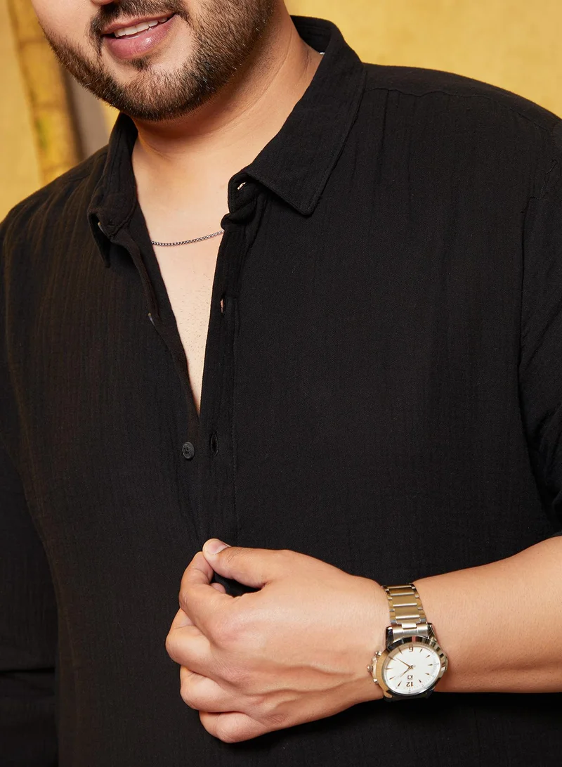 Instafab Plus  Instafab Plus Men's Onyx Black Breezy-Weave Shirt For Casual Wear | Spread Collar | Long Cuffed Sleeves | Button Closure | Plus Size Shirt Crafted With Comfort Fit For Everyday Wear for Men | Best Price UAE