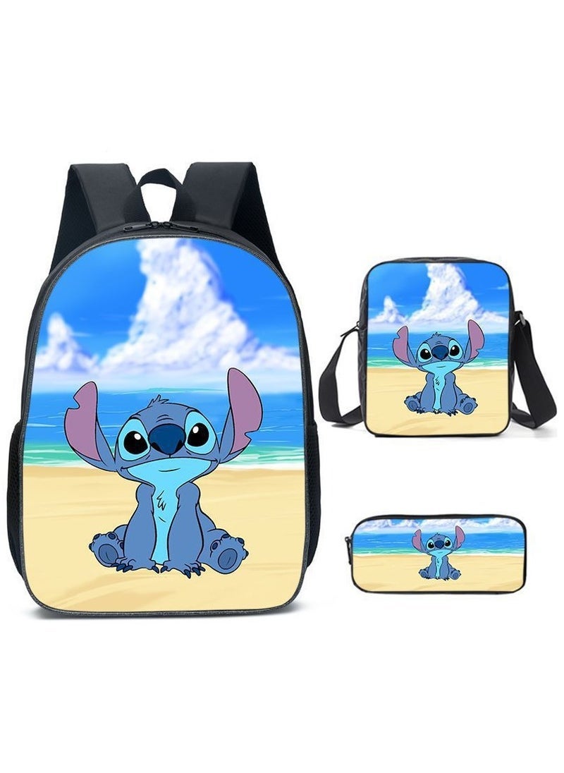 Anime Stitch Three Piece School Bag for Primary and Secondary School Students Large Capacity Backpack Backpack
