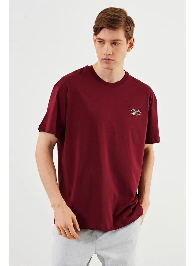 mmetalic Leo Men's Oversized T-Shirt 100% Cotton Crew Neck with Print Detail Basic Burgundy T-Shirt