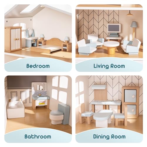 ROBUD Wooden Dollhouse Furniture Set 23 Pcs Dollhouse Accessories Miniature Furniture Including 5 Room Kits Dollhouse Furniture Pretend Play Toys for Boys Girls Toddlers 3 - Image 5
