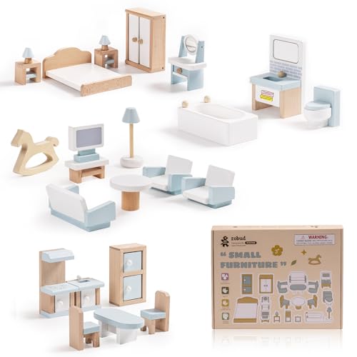 ROBUD Wooden Dollhouse Furniture Set 23 Pcs Dollhouse Accessories Miniature Furniture Including 5 Room Kits Dollhouse Furniture Pretend Play Toys for Boys Girls Toddlers 3 - Image 1
