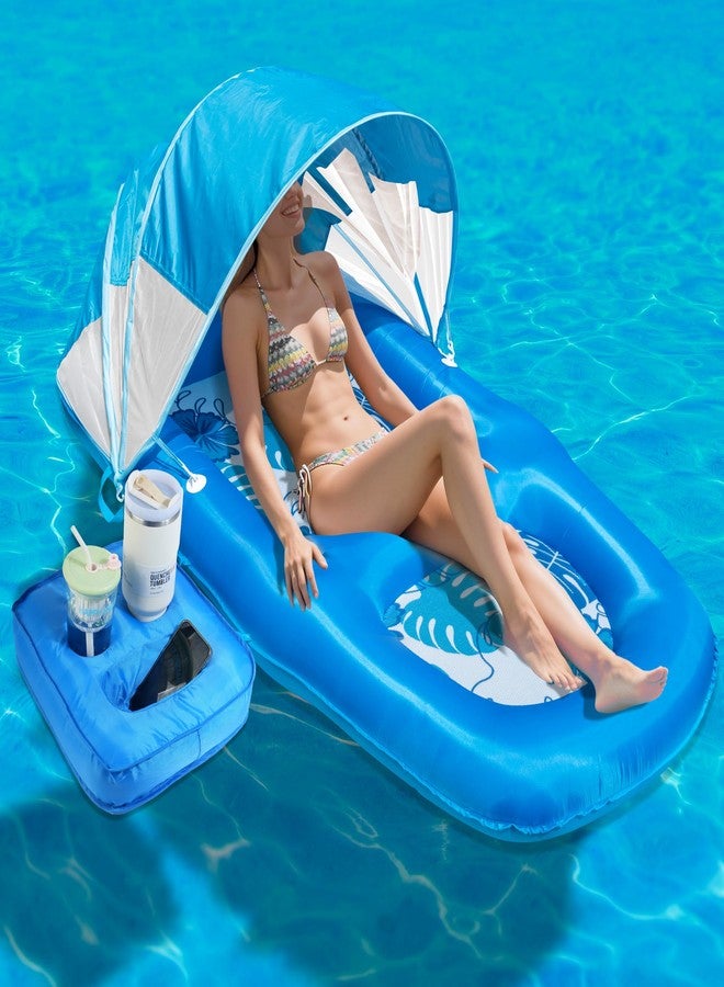POOLACC Fabric Covered Inflatable Pool Lounger Float Adult, 70"x39" Extra Large Pool Float w/ UPF50+ Sunshade Canopy & Cupholder Caddy, Water Floaties Raft Recliner Chair for Pool Party Lake Beach-Blue - Image 1