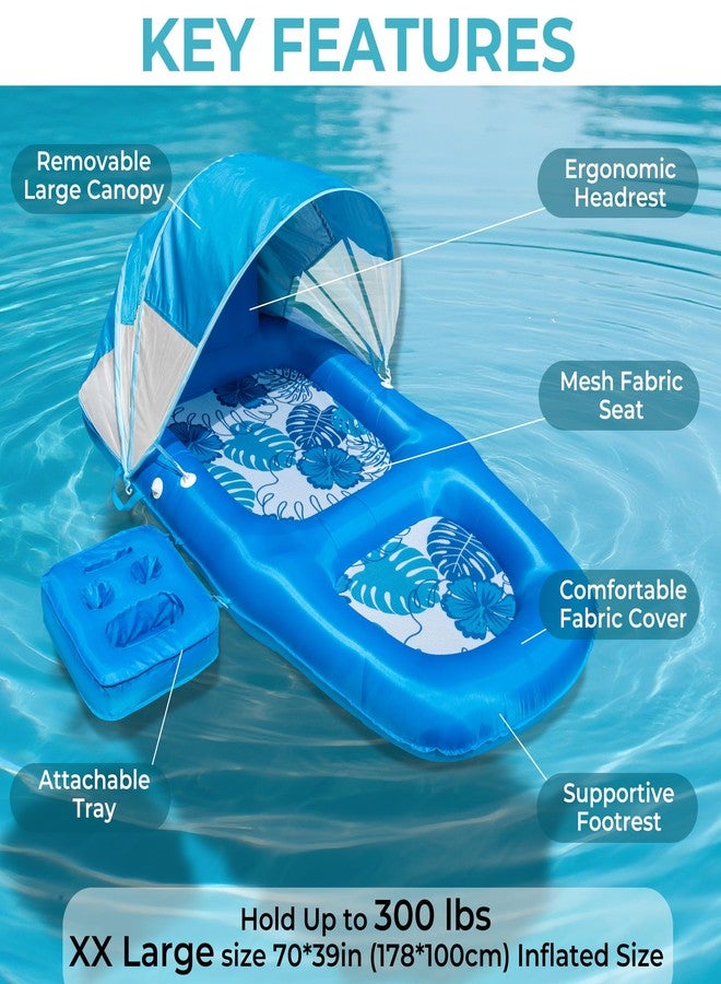 POOLACC Fabric Covered Inflatable Pool Lounger Float Adult, 70"x39" Extra Large Pool Float w/ UPF50+ Sunshade Canopy & Cupholder Caddy, Water Floaties Raft Recliner Chair for Pool Party Lake Beach-Blue - Image 2