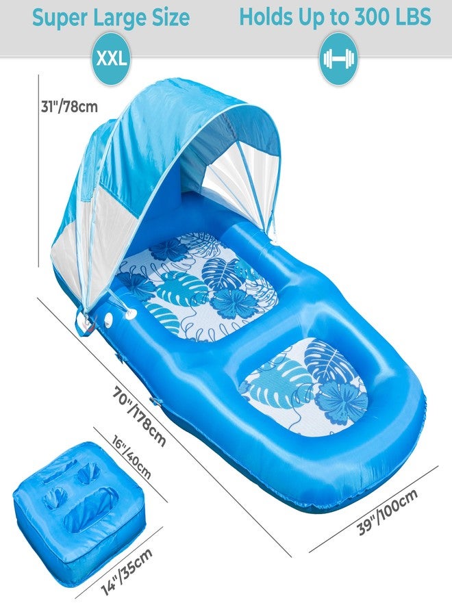 POOLACC Fabric Covered Inflatable Pool Lounger Float Adult, 70"x39" Extra Large Pool Float w/ UPF50+ Sunshade Canopy & Cupholder Caddy, Water Floaties Raft Recliner Chair for Pool Party Lake Beach-Blue - Image 3
