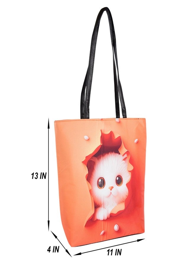 Revmark Cute Cat Print Tote Bag, Large PU Leather Shoulder Tote Bag with Zipper, Orange, Laptop friendly, Large Shoulder Bag and Handbag for Work, College, and Office Use - Image 5