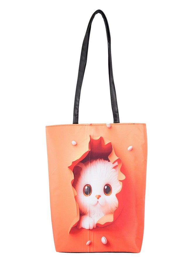 Revmark Cute Cat Print Tote Bag, Large PU Leather Shoulder Tote Bag with Zipper, Orange, Laptop friendly, Large Shoulder Bag and Handbag for Work, College, and Office Use - Image 1