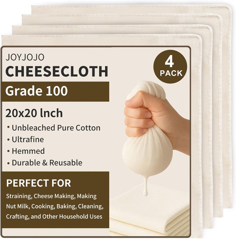 JOYJOJO Cheesecloth 4-Pack 20x20 Inch – Organic Unbleached Cotton Grade 100, Reusable Hemmed Cloth for Cooking, Juicing, Cheese & Nut Milk Making - Image 1