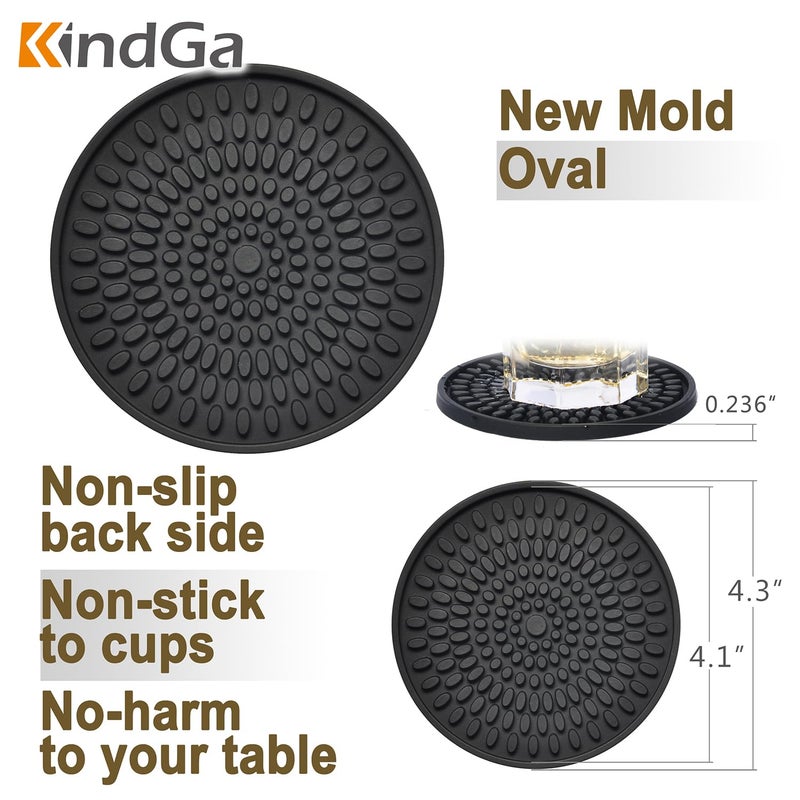 KindGa Coasters for Drinks Black, Absorbent Rubber Coaster Set, Silicone Drink Coasters for Large Mug/Cup/Bottle, Deep Tray 4.3 Inch Oval Shape Jar Opener Heat-Resistant Grips (Set of 8) - Image 2