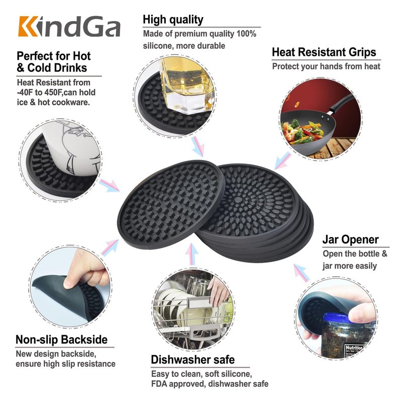 KindGa Coasters for Drinks Black, Absorbent Rubber Coaster Set, Silicone Drink Coasters for Large Mug/Cup/Bottle, Deep Tray 4.3 Inch Oval Shape Jar Opener Heat-Resistant Grips (Set of 8) - Image 4