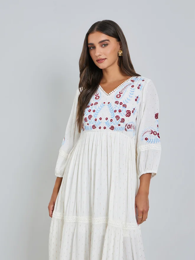 ستايلي Styli Off White Embroidered 3/4 Sleeves Maxi Dress