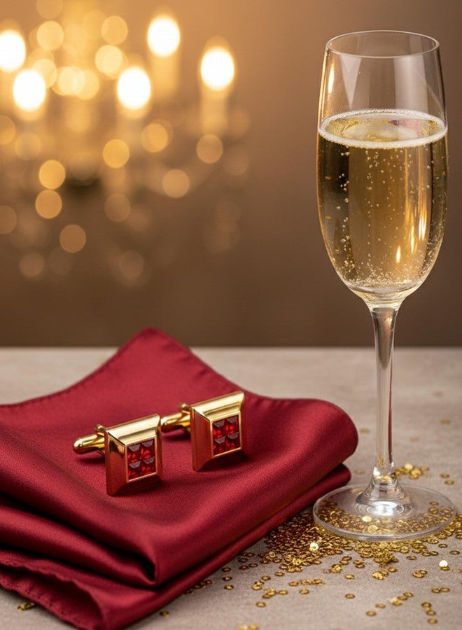 بريمسونس أزرار أكمام مربعة ذهبية اللون للرجال من بريمسونز® مع مركز من الفسيفساء الكريستالية، إكسسوارات فاخرة للملابس الرسمية - أحمر - Image 5