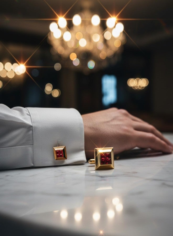 بريمسونس أزرار أكمام مربعة ذهبية اللون للرجال من بريمسونز® مع مركز من الفسيفساء الكريستالية، إكسسوارات فاخرة للملابس الرسمية - أحمر - Image 4