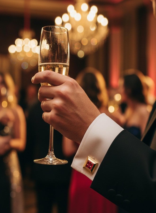 بريمسونس أزرار أكمام مربعة ذهبية اللون للرجال من بريمسونز® مع مركز من الفسيفساء الكريستالية، إكسسوارات فاخرة للملابس الرسمية - أحمر - Image 3