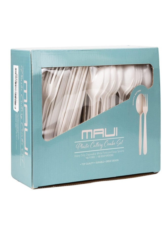 MAUI Heavy Duty Disposable Plastic Forks and Spoons, 100 Forks & 100 Soup Spoons, Set of 200, Easy to Open - Image 1