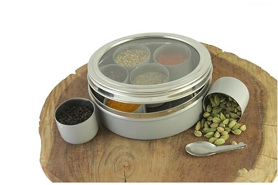 VOMI Stainless Steel Masala Container for Kitchen Storage Spice Organizer BoxDabba With 7 Container and Small Spoon Grey - Image 3