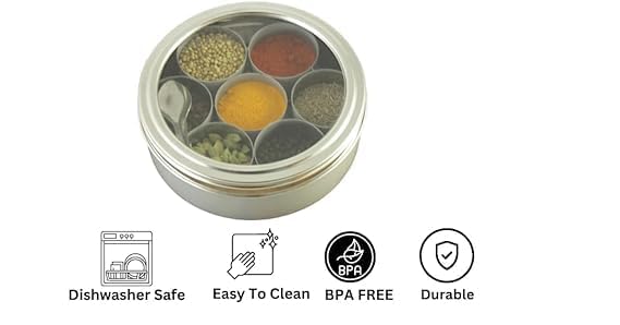 VOMI Stainless Steel Masala Container for Kitchen Storage Spice Organizer BoxDabba With 7 Container and Small Spoon Grey - Image 2