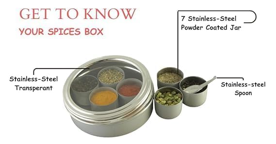 VOMI Stainless Steel Masala Container for Kitchen Storage Spice Organizer BoxDabba With 7 Container and Small Spoon Grey - Image 5