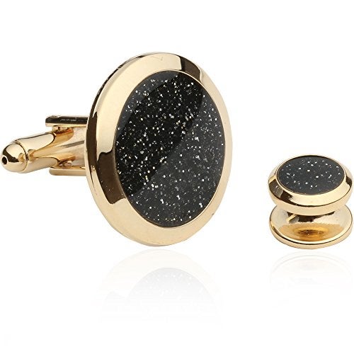 Cuff-Daddy Mens Black and Gold Cufflinks and Studs - Sparkly Gold and Black Diamond Dust Cufflinks and Studs Cuff Links with Jewelry Presentation Box - 7/8" cufflinks, 3/8" studs Mens Shirt - Image 2