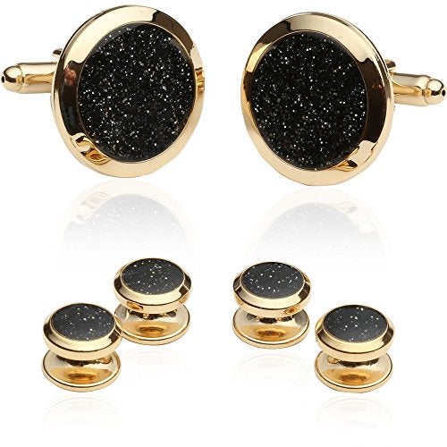 Cuff-Daddy Mens Black and Gold Cufflinks and Studs - Sparkly Gold and Black Diamond Dust Cufflinks and Studs Cuff Links with Jewelry Presentation Box - 7/8" cufflinks, 3/8" studs Mens Shirt - Image 1