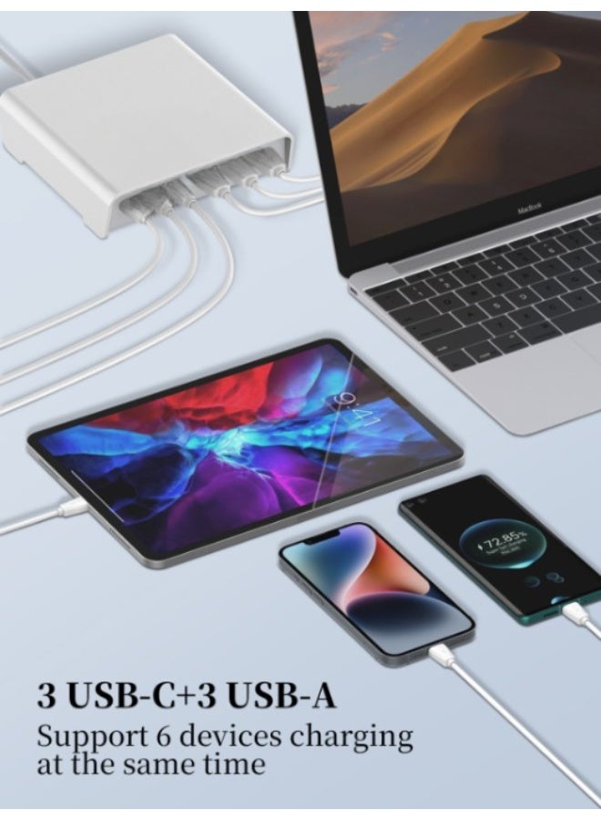 REBENUO 120w Desktop Charging USB hub 3 Port USB C 3 Port USB A Charging Station Fast Desktop Charging For iPhone Tablet Macbook Laptop White - Image 5