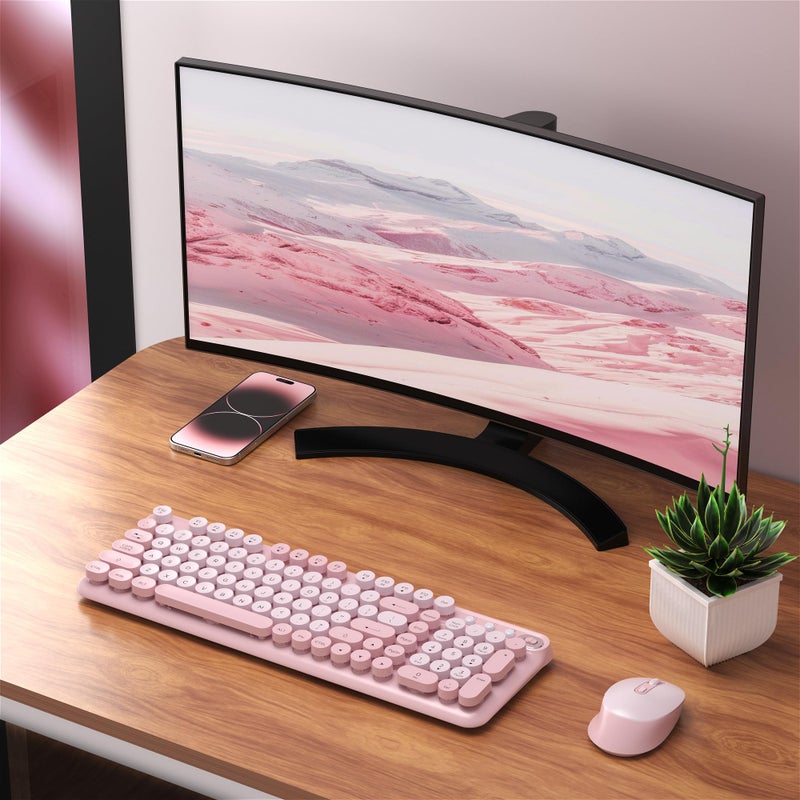 Links9+ Wireless Keyboard and Mouse Combo, Full-Size Retro Typewriter Keyboard Style, 2.4GHz USB Receiver, Plug-and-Play, Keyboard Mouse Set for Computer, Laptop, Windows, Mac, and PC (Pink) - Image 2