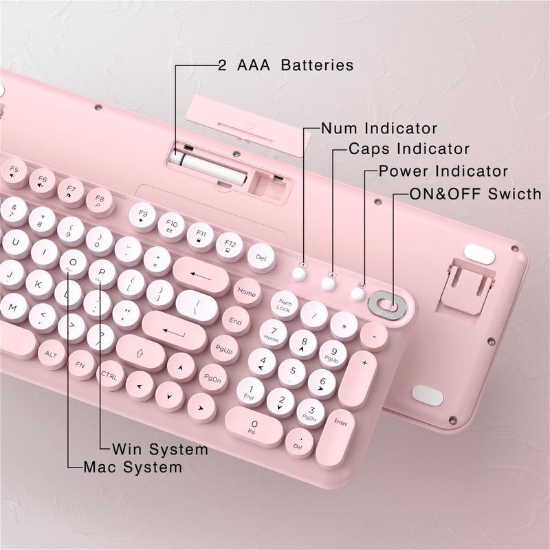 Links9+ Wireless Keyboard and Mouse Combo, Full-Size Retro Typewriter Keyboard Style, 2.4GHz USB Receiver, Plug-and-Play, Keyboard Mouse Set for Computer, Laptop, Windows, Mac, and PC (Pink) - Image 3