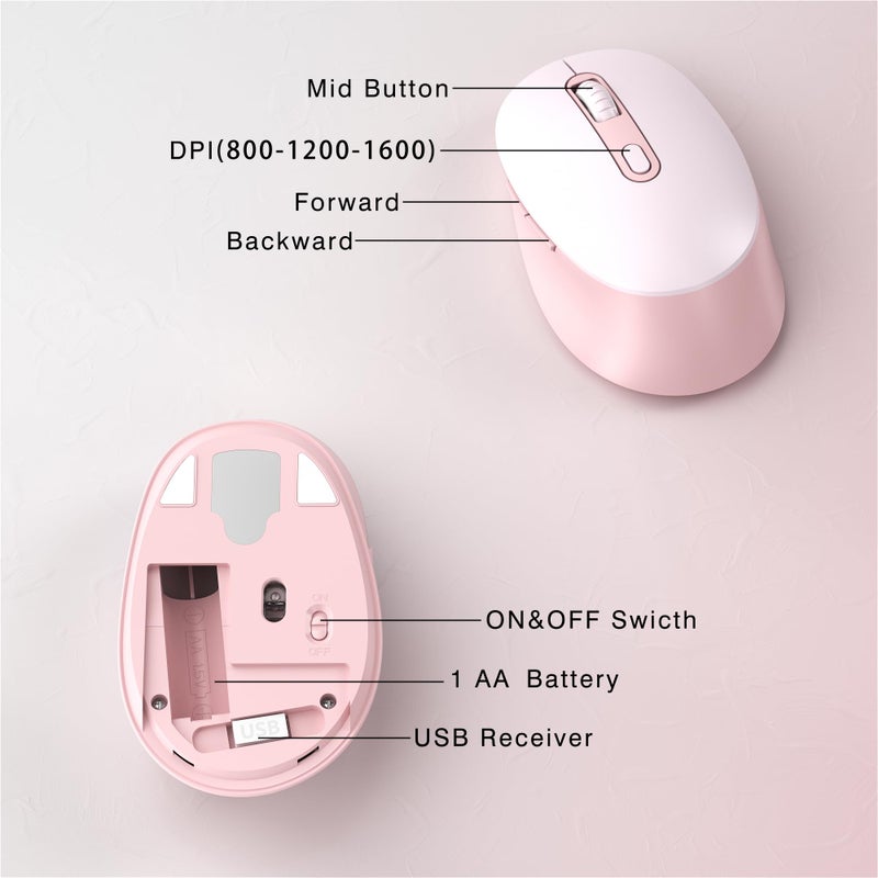 Links9+ Wireless Keyboard and Mouse Combo, Full-Size Retro Typewriter Keyboard Style, 2.4GHz USB Receiver, Plug-and-Play, Keyboard Mouse Set for Computer, Laptop, Windows, Mac, and PC (Pink) - Image 5