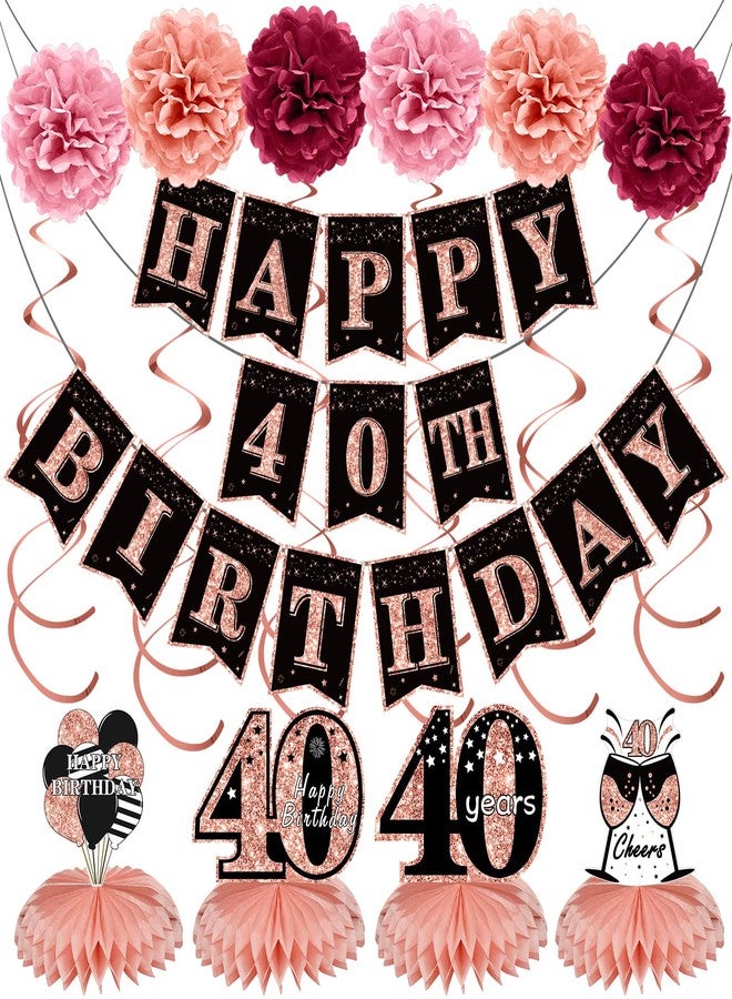 Turypaty 40th Birthday Decorations Kit for Women, Rose Gold Happy 40 Birthday Banners Honeycomb Centerpieces Hanging Swirls Party Supplies, Forty Years Old Bady Table Topper Decors - Image 1