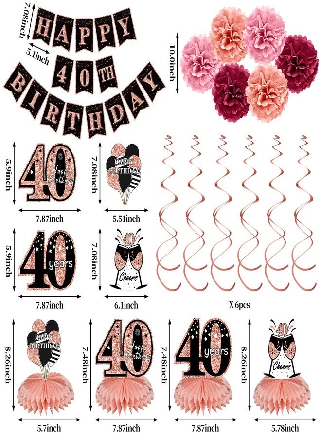 Turypaty 40th Birthday Decorations Kit for Women, Rose Gold Happy 40 Birthday Banners Honeycomb Centerpieces Hanging Swirls Party Supplies, Forty Years Old Bady Table Topper Decors - Image 2