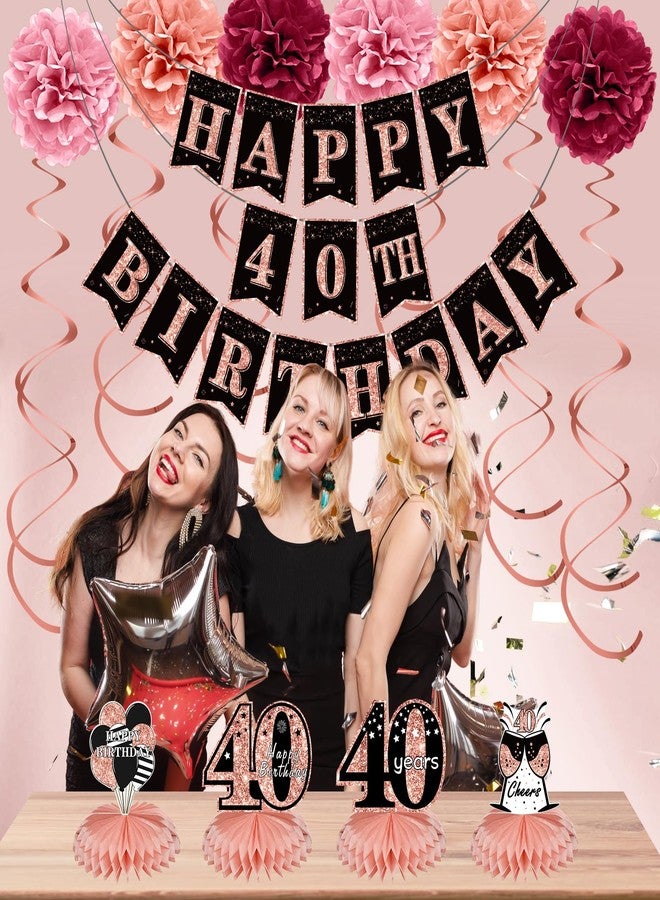 Turypaty 40th Birthday Decorations Kit for Women, Rose Gold Happy 40 Birthday Banners Honeycomb Centerpieces Hanging Swirls Party Supplies, Forty Years Old Bady Table Topper Decors - Image 3