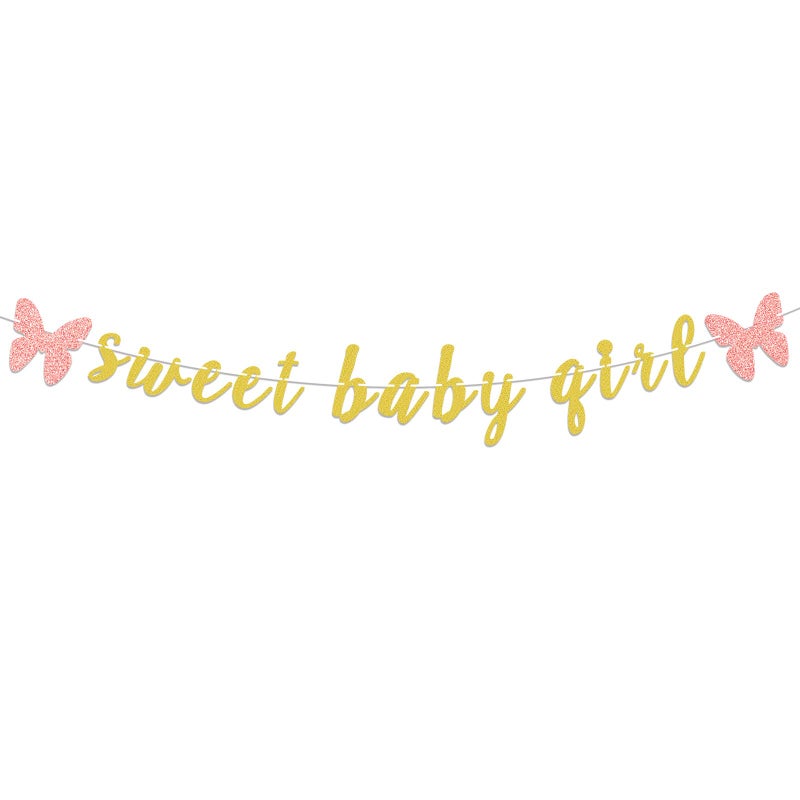 LASKYER Sweet Baby Girl Gold Glitter Garland Banner with Pink Butterfly Perfect for Baby Shower Baby Girl Birthday Party Decorations