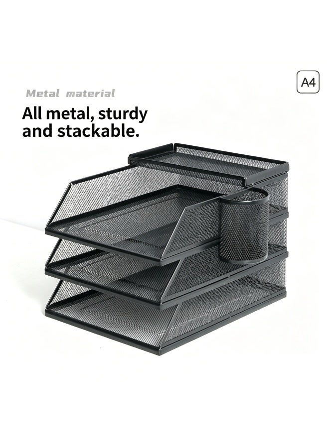 A4 Stackable Metal Mesh Desk Organizer with 3 File Trays, Pen Holder, and Accessory Tray, Black - Image 2